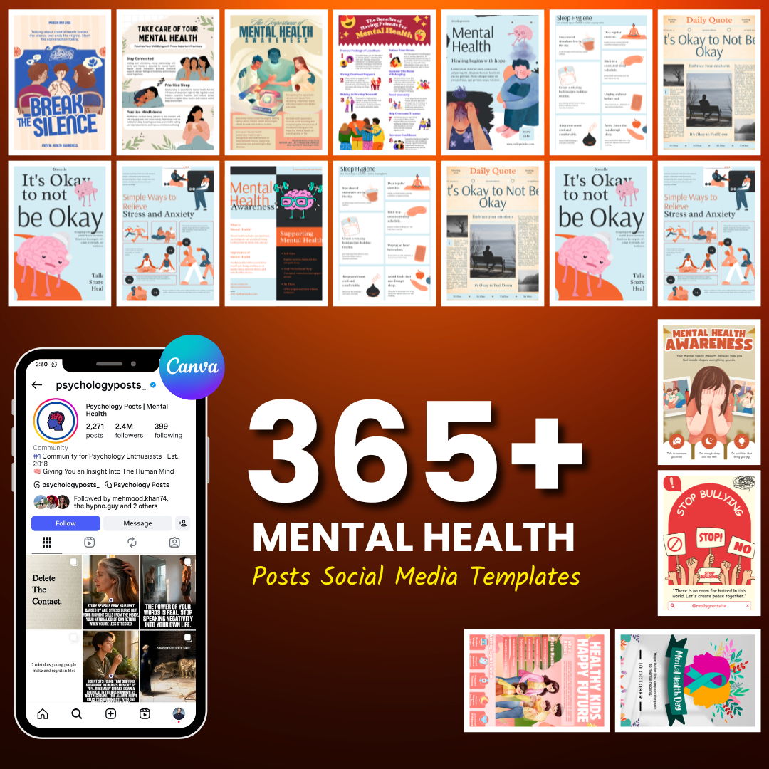 💚 365+ Mental Health Templates Bundle (Editable & Ready-to-Post)