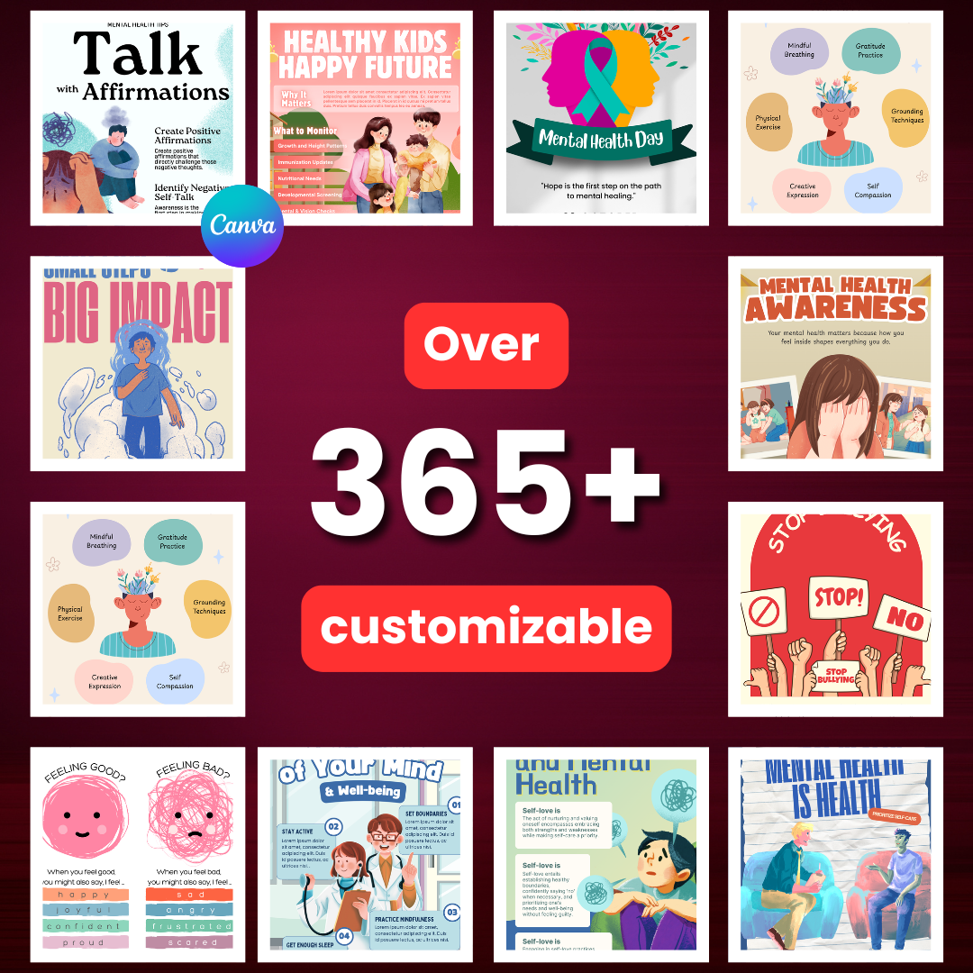 💚 365+ Mental Health Templates Bundle (Editable & Ready-to-Post)