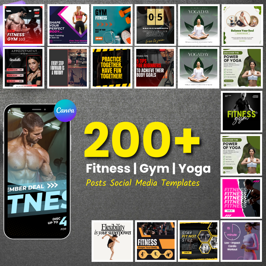 🔥 200+ Fitness | Gym | Yoga Posts (Canva Editable)