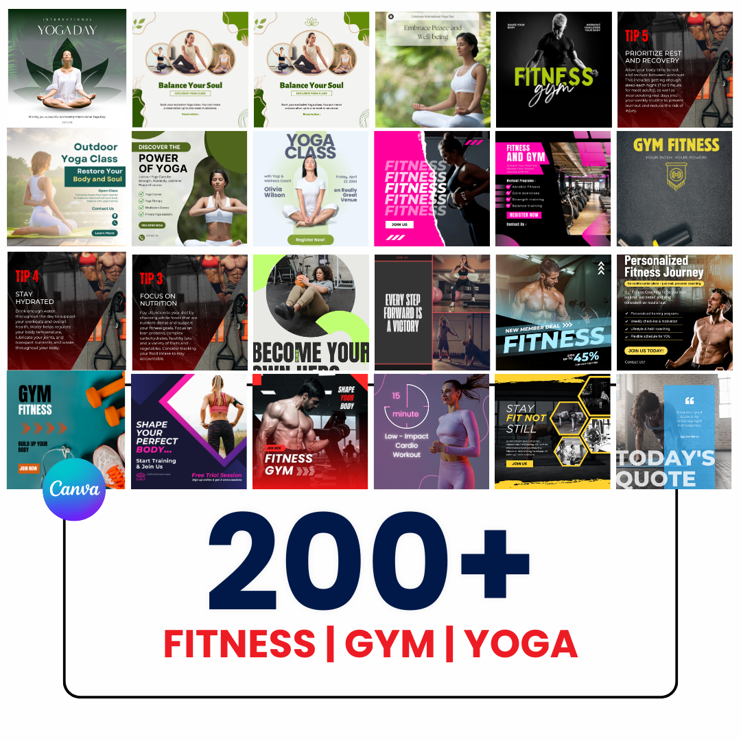 🔥 200+ Fitness | Gym | Yoga Posts (Canva Editable)