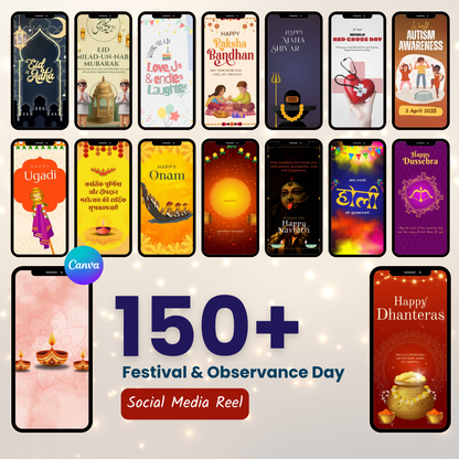 🎉 150+ Festival & Observance Day Reels (Ready-to-Post | Canva Editable)